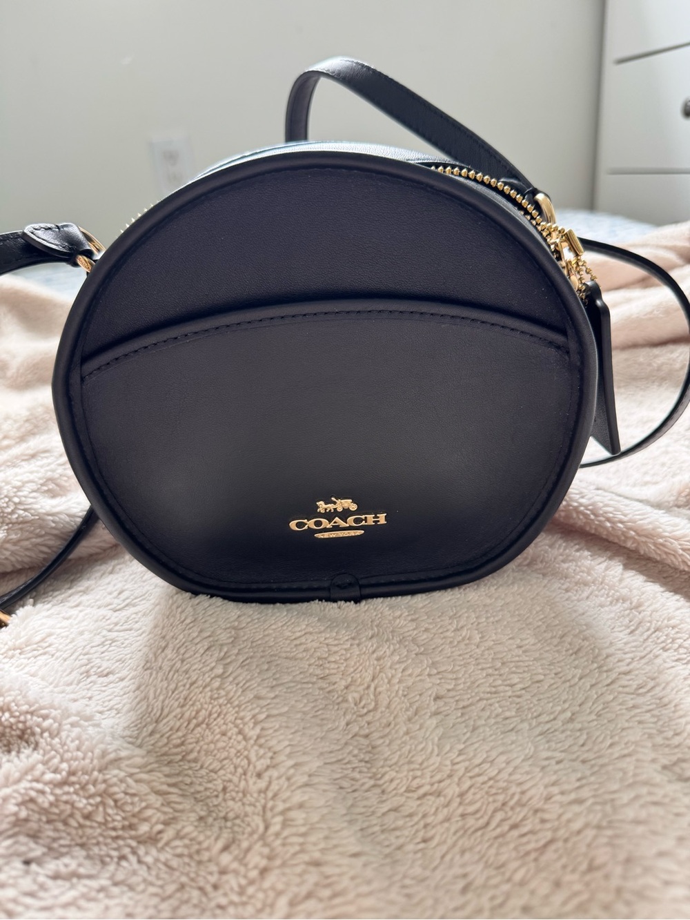 Coach Black Round Crossbody with Gold Logo Hardware